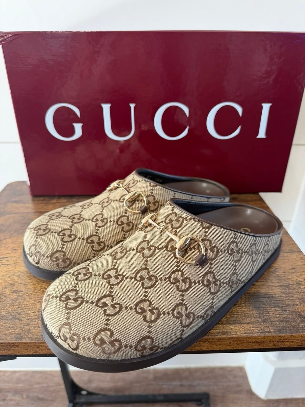 Gucci Beige Brown GG Canvas Horsebit Mules